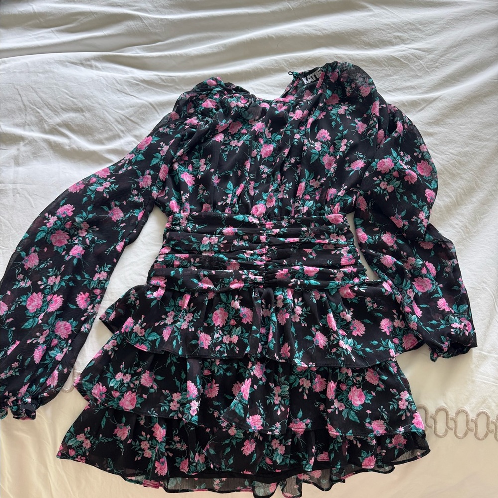KATIEj Floral Black and Pink Ruffled Dress